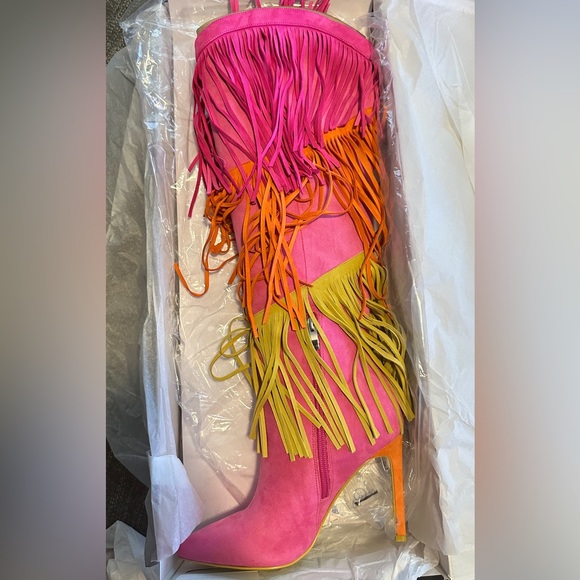 NWT Nine West Tasels Stiletto Heel Fringe Knee High Boots (Pink Multi, Size 6.5) - Picture 5 of 6